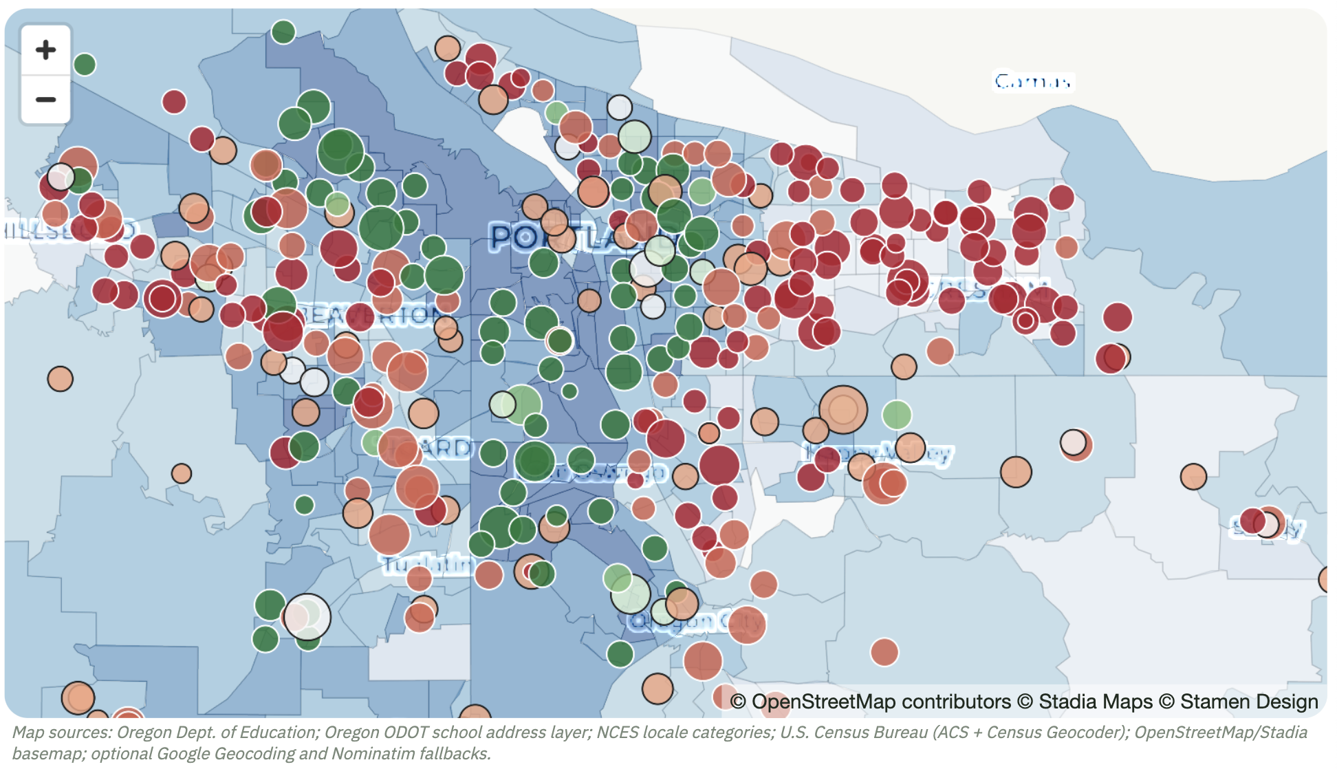 Portland map of performance with education background shading